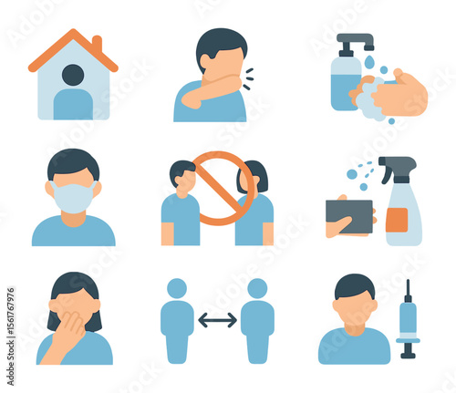 Disease Prevention Icons. Flat icon set of disease prevention steps: stay home icon, cover cough, wash hands,