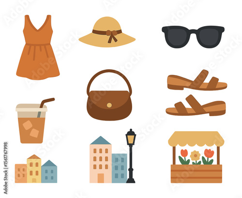 Summer City Essentials. Flat icon set of summer city stroll: flowy dress, sun hat, sunglasses, crossbody bag,