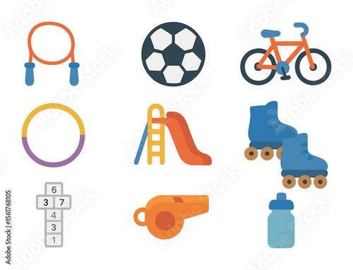 Children's Activity Icons. Flat icon set of physical activities for children: skipping rope, soccer ball, bike