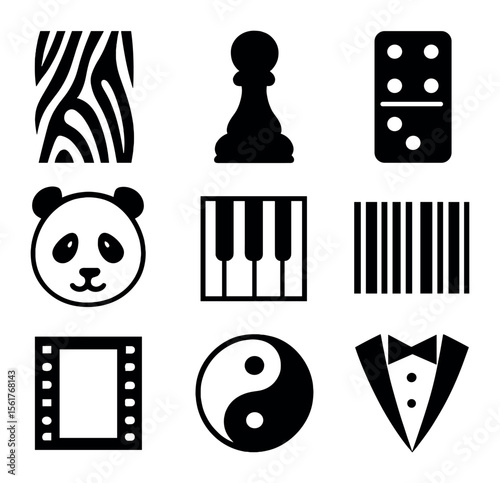Black-and-White Icon Grid. Flat icon set of black-and-white symbols: zebra stripe, chess pawn, domino, panda,