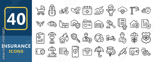 Vector art of forty insurance icons isolated on white background, representing various types of coverage and protection