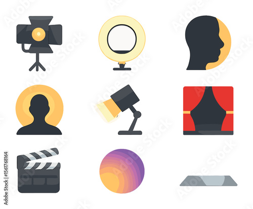 Dramatic Lighting Icons. Flat icon set of dramatic lighting: studio light, ring light, shadow face, backlight