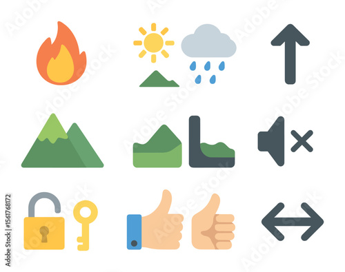 Duality Icon Set. Flat icon set of duality: fire and water, sun and rain, mountain and valley, high and low,