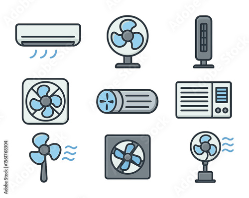 Cooling Appliances Icons. Flat icon set of cooling appliances: air conditioner, table fan, tower fan, box fan,