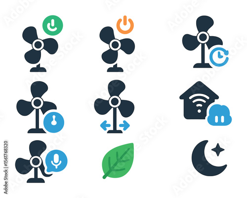 Climate Control Icons. Flat icon set of climate control routines: turning on fan, turning off fan, setting