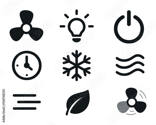 Fan Operation Icons. Flat icon set of fan operation indicators: rotating blades icon, light-up LED, power on