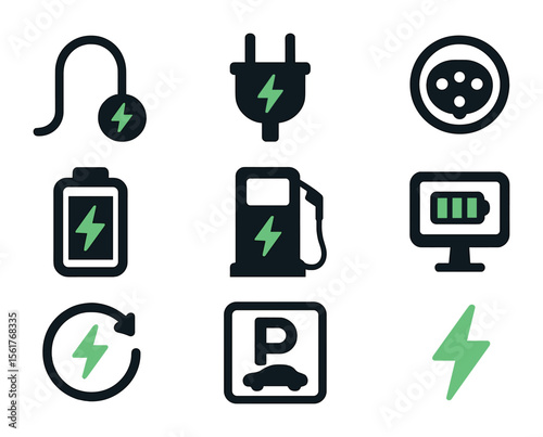 Electric Vehicle Icons. Flat icon set of electric vehicle charging stations: charging cable, EV plug, charging