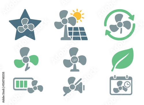Energy-Efficient Fan Icons. Flat icon set of energy-efficient fans: energy star logo, solar-powered fan,