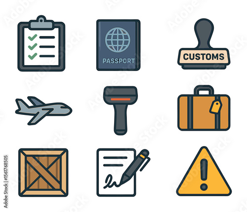 Customs Form Icons. Flat icon set of customs declaration form: clipboard with checklist, passport, customs