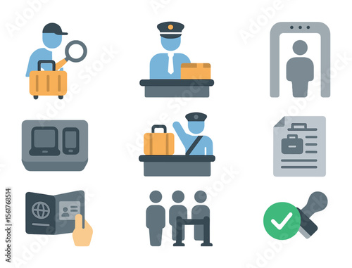 Airport Customs Icons. Flat icon set of airport customs process: baggage inspection, customs officer, scanner