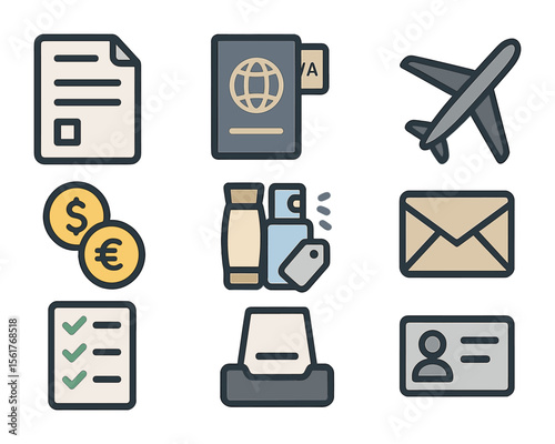 Travel Essentials Icons. Flat icon set of travel declaration essentials: declaration form, passport with visa,