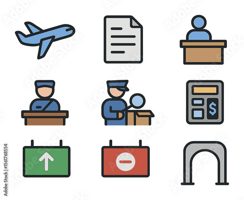 Customs Process Icons. Flat icon set of customs clearance steps: arrival plane, declaration form, customs
