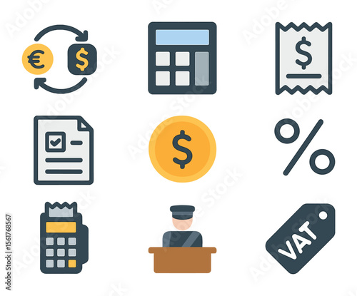 Customs Duty Icons. Flat icon set of customs duty and tax symbols: currency exchange icon, calculator, customs