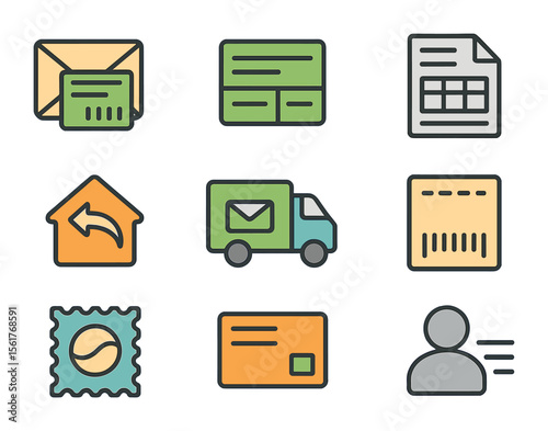 Postal Customs Icons. Flat icon set of postal customs forms: envelope with customs label, CN22 sticker, postal