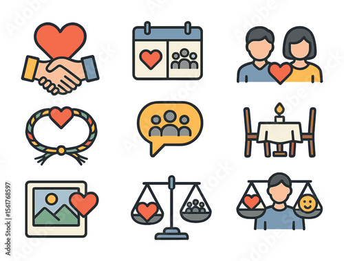 Relationship Balance Icons. Flat icon set of balancing romantic relationships and friendships: heart and