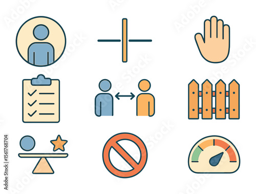 Boundary Icons Grid. Flat icon set of setting boundaries: personal space bubble, boundary line icon, hand