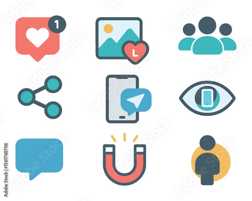 Social Media Icons. Flat icon set of social media and jealousy: heart notification, liked photo, followers