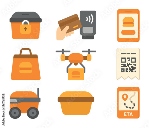 Food Delivery Innovations. Flat icon set of food delivery and takeaway innovations: smart delivery box,