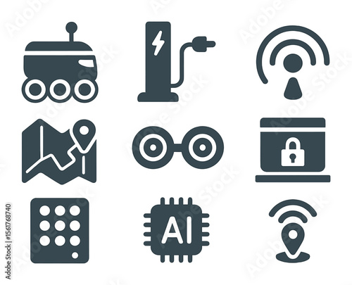 Autonomous Delivery Icons. Flat icon set of autonomous food delivery: delivery robot, charging dock, sensor