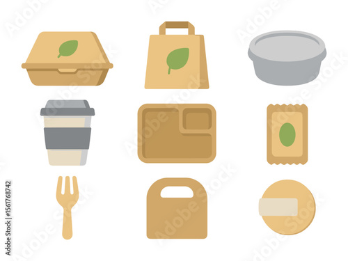Eco-Friendly Packaging Icons. Flat icon set of takeaway packaging solutions: biodegradable box, paper bag,