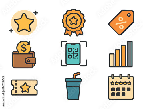 Loyalty Rewards Icons. Flat icon set of loyalty and rewards systems: points star, reward badge, discount tag,
