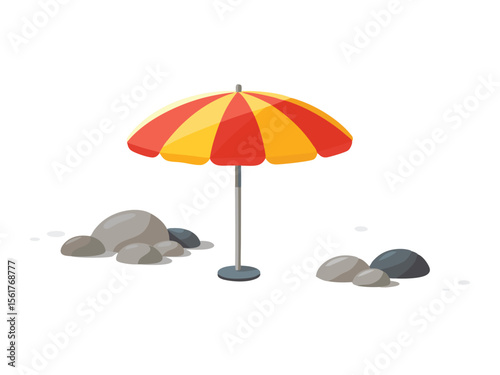 Colorful beach umbrella standing firmly among smooth pebbles on a white background isolated on white background
