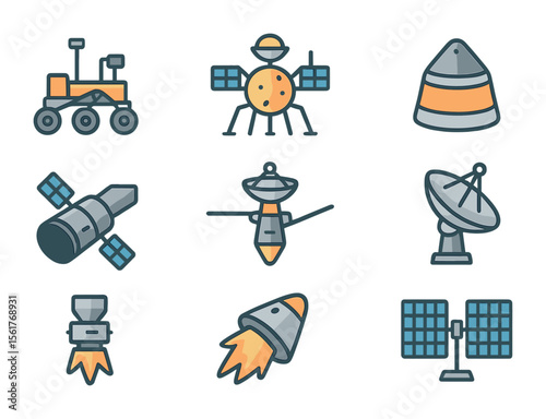 Space Exploration Icons. Flat icon set of space probes and exploration vehicles: Mars rover, Europa lander,