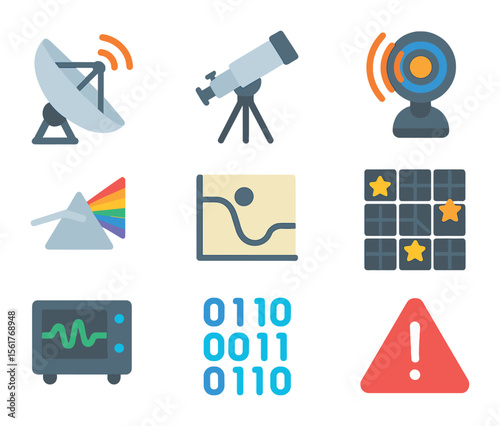 Space Observation Icons. Flat icon set of space observation techniques: radio telescope, optical telescope,