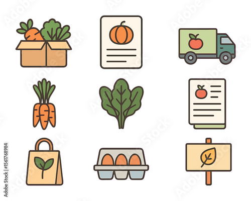 CSA Icon Set. Flat icon set of community-supported agriculture (CSA): subscription box, weekly harvest card,