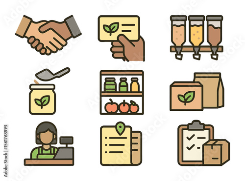 Food Co-op Icons. Flat icon set of food co-op operations: cooperative handshake, membership card, bulk bin,