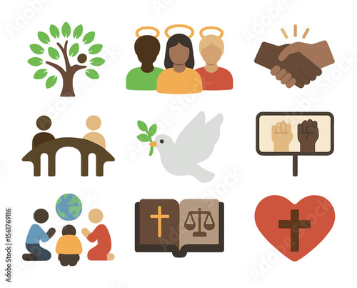 Christian Unity Icons. Flat icon set of Christianity and racial reconciliation: unity tree, diverse figures