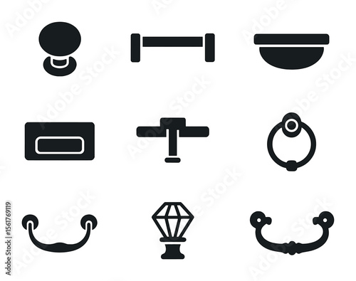 Dresser Handle Icons. Flat icon set of dresser handle designs: round knob, bar pull, cup handle, recessed grip