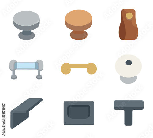 Modern Knob and Pull Icons. Flat icon set of furniture knobs and pulls: metal knob, wood knob, leather loop