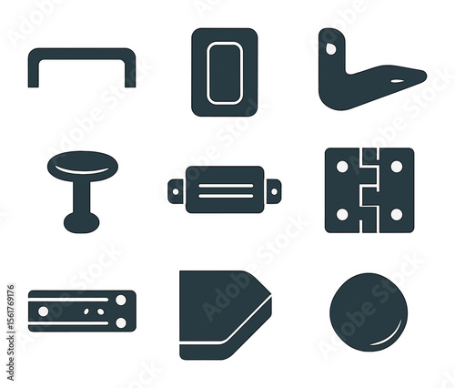 Minimalist Furniture Icons. Flat icon set of minimalist furniture details: matte black handle, flush pull,