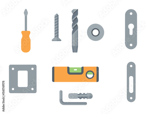 Handle Installation Tools Icons. Flat icon set of handle installation tools: screwdriver, handle screw, drill
