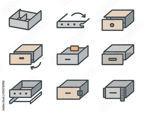 Customizable Drawer Icons. Flat icon set of customizable drawer options: adjustable divider, soft-close rail,