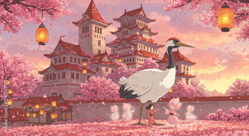 Japanese Castle, Crane, Cherry Blossoms Fantasy Illustration