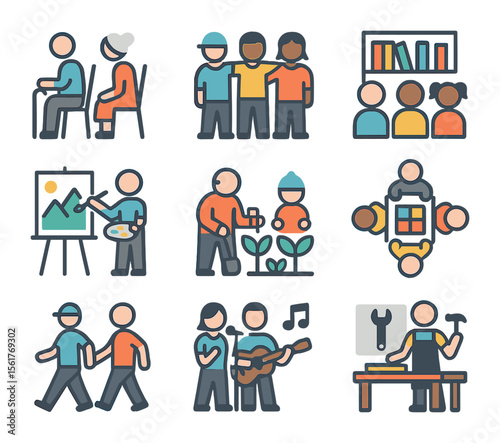 Community Hub Icons. Flat icon set of community generation hubs: senior center, youth club, shared library,