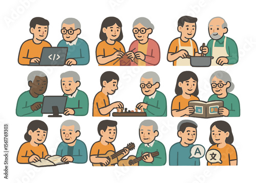 Intergenerational Activities Icons. Flat icon set of youth and elder collaboration: coding tutor, knitting