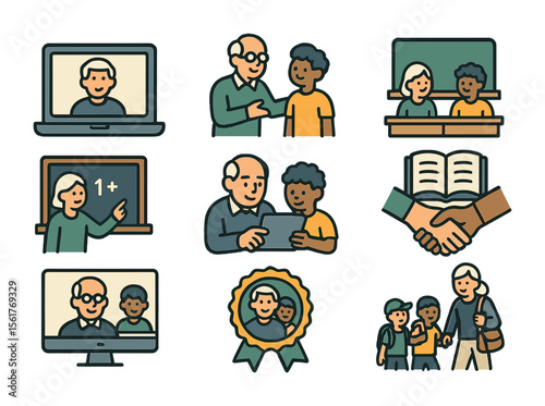 Intergenerational Education Icons. Flat icon set of intergenerational education: online class, teacher and