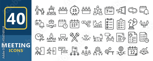 Vector art of a collection of 40 meeting icons, isolated on white background, depicting various aspects of business meetings and teamwork