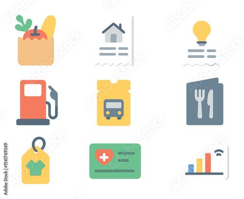 Cost of Living Icons. Flat icon set of cost of living comparison: grocery bag, rent receipt, utility bill,