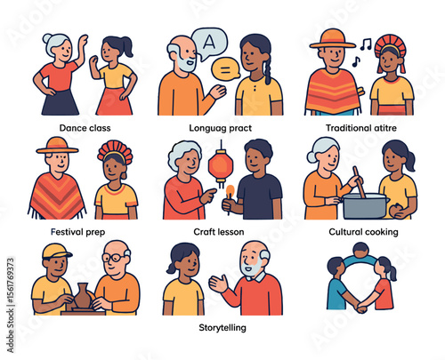 Cultural Exchange Icons. Flat icon set of intergen cultural exchange: dance class, language practice, song