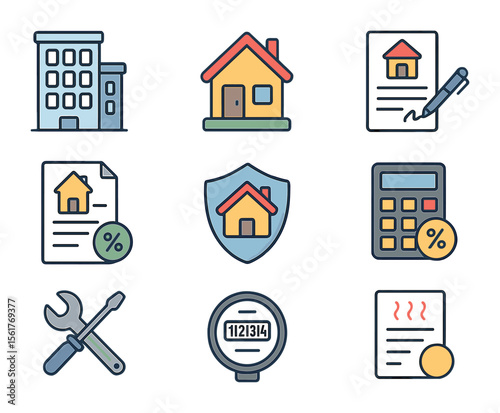 Housing Expense Icons. Flat icon set of housing expenses: apartment building, detached house, rent agreement,