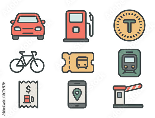 Transportation Costs Icons. Flat icon set of transportation costs: car icon, gas station, subway token,