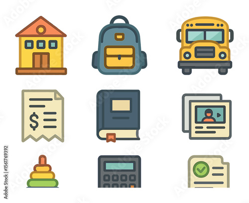 Childcare Education Icons. Flat icon set of childcare and education costs: daycare building, backpack, school