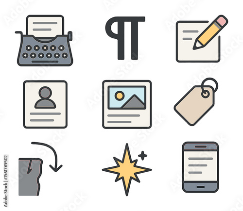 Interactive Fiction Icons. Flat icon set of interactive fiction writing: typewriter, paragraph icon, edit