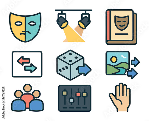 Theater Roleplay Icons. Flat icon set of interactive theater and live roleplay: costume mask, stage lights,
