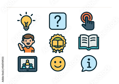 Educational Icon Set. Flat icon set of educational interactive stories: lightbulb idea, quiz question,
