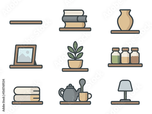 Modern Shelving Icons. Flat icon set of open shelving concepts: floating shelf, stacked books, ceramic vase,
